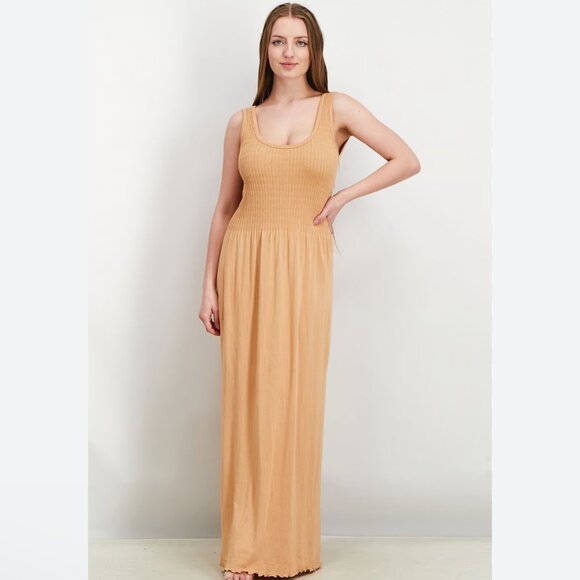 DKNY Jeans Women's Tan Summer‎ Slub Stretch Maxi Dress NWT Stretchy Breathable L - Picture 1 of 13